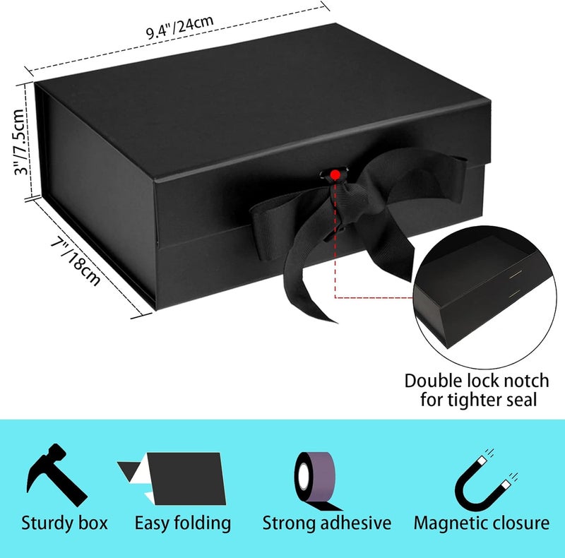 RUIFYRAY Black Luxury Magnetic Gift Box with Lid, Ribbons and Gift Bag, Medium Size-9.4x7x3 Inches, Great for Christmas, New Year, Wedding, Birthdays, Man - Image 2